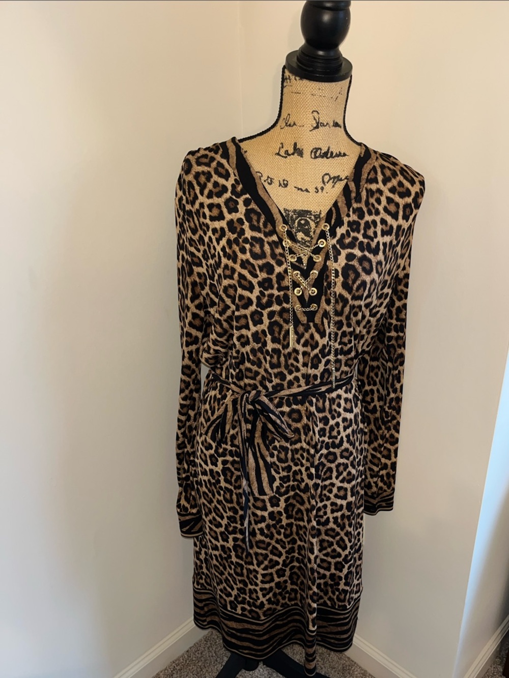 Michael Kors Leopard Print Lace-Up Long Sleeve Dress - Brown & Black